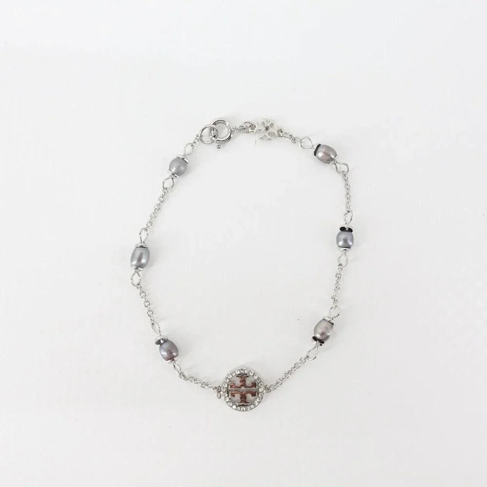 Tory Burch Miller Pave Logo Cultured Pearls Bracelet Silver OS